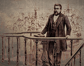 A sepia tone pencil drawing of Charles Spurgeon standing in front of a large crowd preaching.